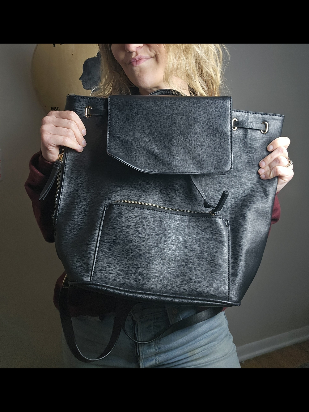 Black Faux Leather Convertible Backpack Tote - Unbranded
